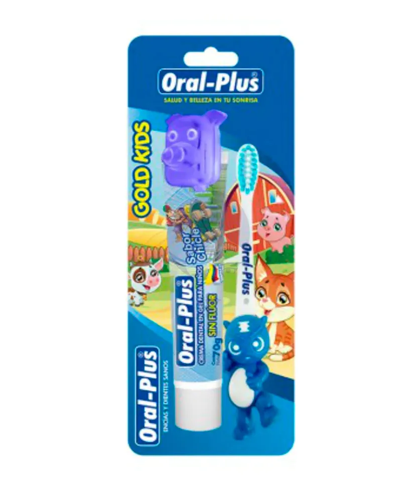 ORAL PLUS CEPILLO GOLD KIDS + CREMA X 70GR + PROTECTOR - Producto de belleza y estética en Almacén Sandra