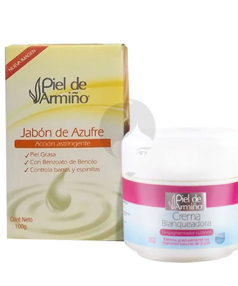 PIEL ARMIÑO CREMA BLANQUEADORA X 30GR + JABON DE AZUFRE - Producto de belleza y estética en Almacén Sandra