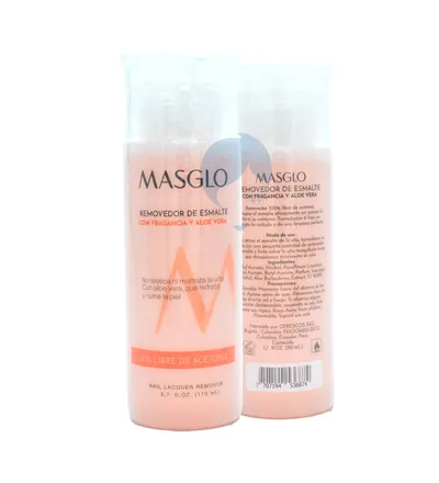 MASGLO REMOVEDOR DE ESMALTE CON FRAGANCIA Y ALOE VERA X 110ML - Producto de belleza y estética en Almacén Sandra