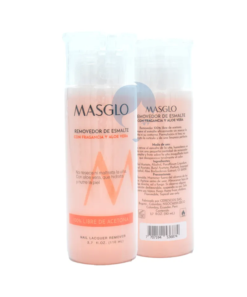 MASGLO REMOVEDOR DE ESMALTE CON FRAGANCIA Y ALOE VERA X 110ML - Producto de belleza y estética en Almacén Sandra