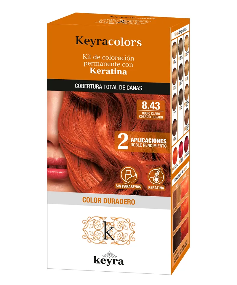 KEYRA COLORS KIT TINTE N.8.43 RUBIO CLARO COBRIZO DORADO X 100ML - Producto de belleza y estética en Almacén Sandra