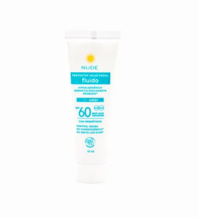 NUDE PROTECTOR SOLAR FACIAL 60SPF FLUIDO SIN COLOR X 10ML - Producto de belleza y estética en Almacén Sandra