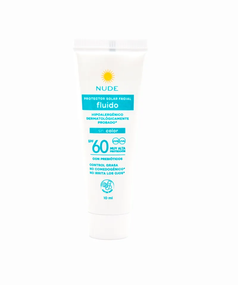 NUDE PROTECTOR SOLAR FACIAL 60SPF FLUIDO SIN COLOR X 10ML - Producto de belleza y estética en Almacén Sandra