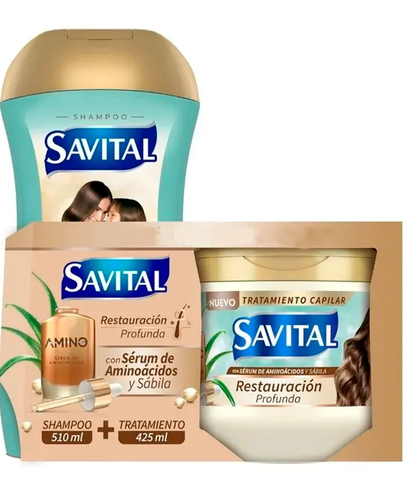 SAVITAL DUO SHAMPOO X 510ML + TRATAMIENTO CAPILAR SERUM DE AMINOACIDOS X 425ML - Producto de belleza y estética en Almacén Sandra