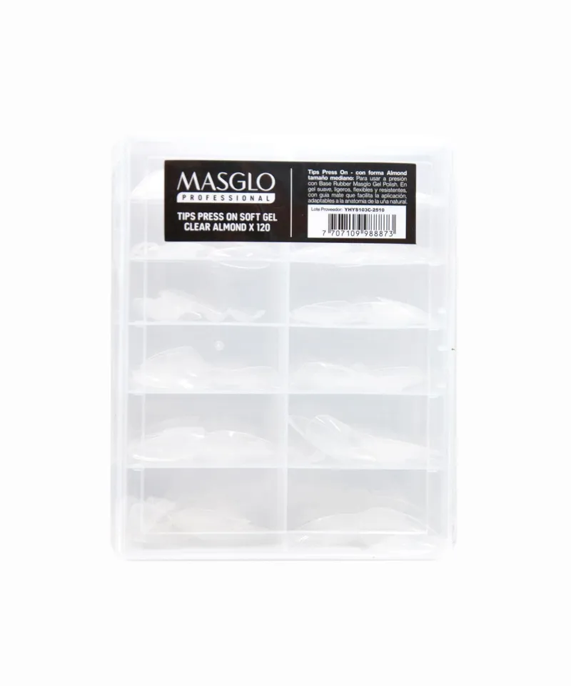 MASGLO ESTUCHE DE UÑAS TIPS PRESS ON SOFT GEL CLEAR ALMOND X 120UND - Producto de belleza y estética en Almacén Sandra
