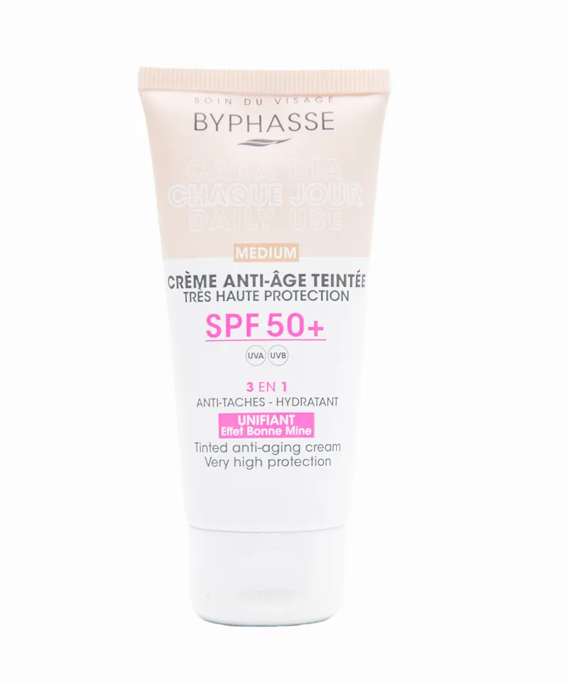 BYPHASSE PROTECTOR SOLAR ANTIEDAD SPF 50+ COLOR MEDIUM X50ML - Producto de belleza y estética en Almacén Sandra