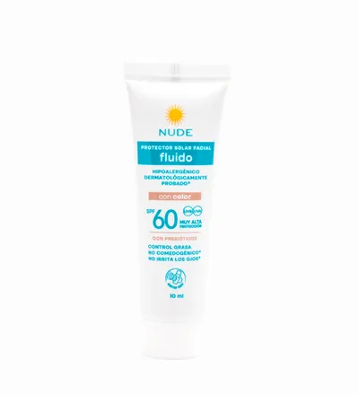 NUDE PROTECTOR SOLAR FACIAL 60SPF FLUIDO CON COLOR X 10ML - Producto de belleza y estética en Almacén Sandra