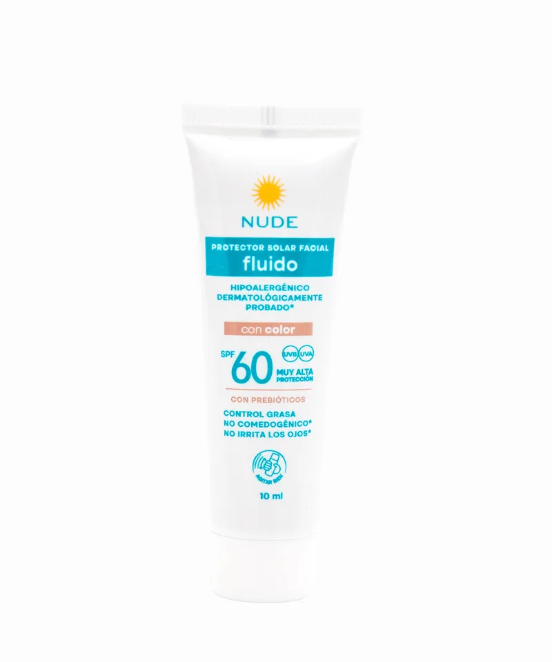 NUDE PROTECTOR SOLAR FACIAL 60SPF FLUIDO CON COLOR X 10ML - Producto de belleza y estética en Almacén Sandra